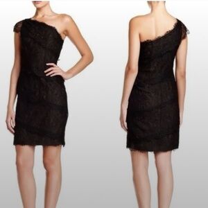 Monique Lhullier Lace Eyelash One Shoulder Layered Mini Black Dress, New